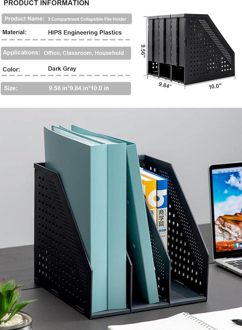 Leven Collapsible Magazine File Holder/Desk Organizer for Office Organization and Storage with 3 Vertical Compartments, Dark Grey, - Image 2