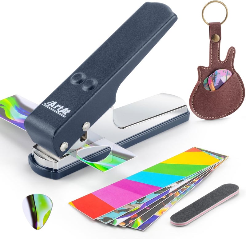 ArtAt Guitar Pick Punch Kit gift- DIY Guitar Pick Maker, Includes 6 pick strips and a pick file, Leather Key Chain Pick Holder,Easy use unique Gift for Guitar Lovers - Image 1