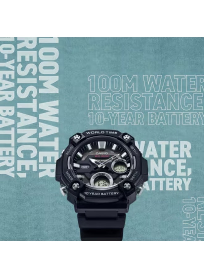 CASIO ساعة يد شبابية تناظرية-رقمية للرجال AEQ‑120W‑1AVDF، 53.2 مم قرص أسود، علبة ريزين وسوار ريزين، توقيت عالمي، بطارية طويلة العمر، مقاومة للماء حتى 100 م - Image 2