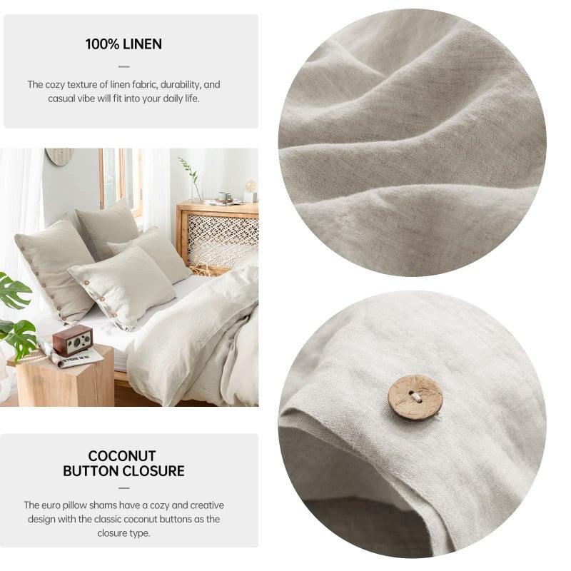 Simple&Opulence Simple&Opulence 100% Washed Linen Euro Sham Cover  26 x 26 Inch  Decorative Bed Pillow Cover with Coconut Button  Solid Color Pillow Shams Set of 2 (Natural Linen)  - Image 2