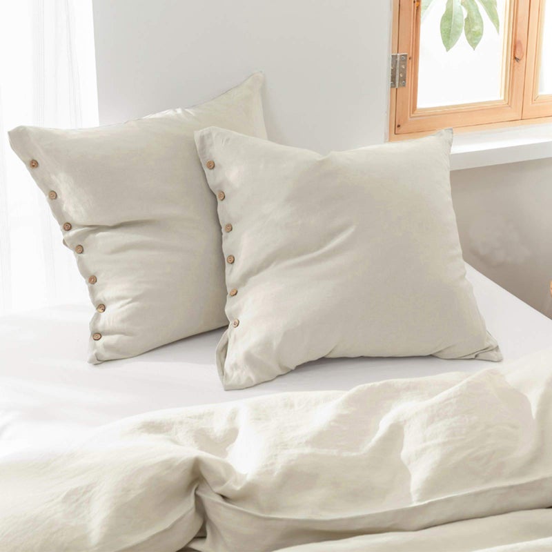 Simple&Opulence Simple&Opulence 100% Washed Linen Euro Sham Cover  26 x 26 Inch  Decorative Bed Pillow Cover with Coconut Button  Solid Color Pillow Shams Set of 2 (Natural Linen)  - Image 1