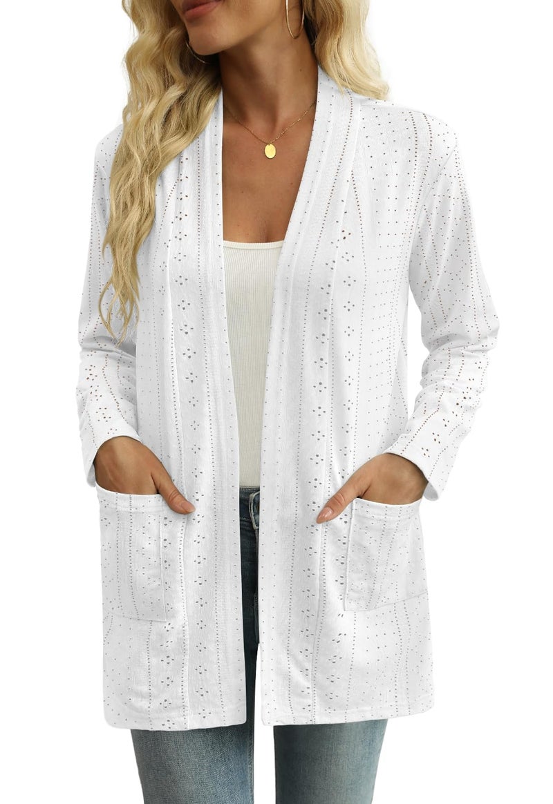 Yincro Women's Lightweight Open Front Cardigan Casual Long Sleeve Loose Cardigans with Pockets (White, L) - Image 2