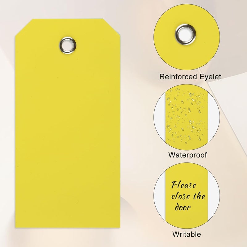 PLULON 60 Pcs Tags with String Waterproof Tags PLULON 4 34 x 2 38 Yellow Shipping Labels Tags for Labeling Waterproof Hang Tags Bulk Writable Blank Tags Name Price Tag for Inventory Luggage Clothing - Image 5