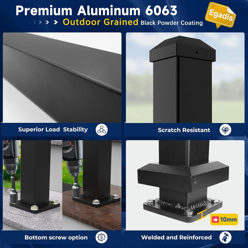 Egadis 2.56 in. x 2.56 in. x 45 in. Porch and Deck Railing Post with Screws & Drill, Aluminum Railing Post, Black Textured Outdoor Powder-Coat Finish Stair Post for Decks, Porches & Balconies (1 Post) - Image 4