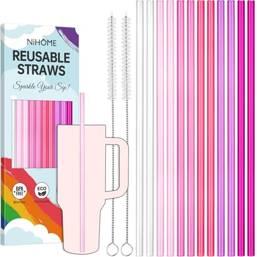 NiHome 12Pack Plastic Reusable Drinking Straws Fit for Stanley 40 oz 30oz 64 oz Tumbler 6 Color 12 In Reusable Straws Fit for Stanley Cups 2 Brushes BPAFree for Cold Hot Drinks Gradient Pink - Image 1
