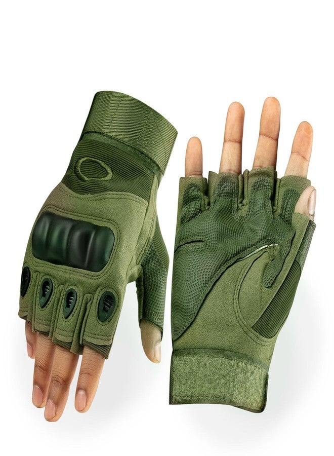 BADOWL Nylon Tactical Half-Finger Gloves for Sports, Hard Knuckle, Motorcycle Riding, Arm Shooting, Travelling, Camping and Hiking (Green, M) - Image 1