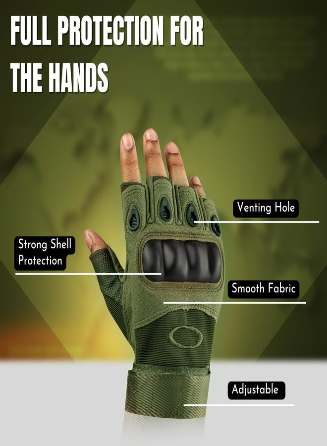 BADOWL Nylon Tactical Half-Finger Gloves for Sports, Hard Knuckle, Motorcycle Riding, Arm Shooting, Travelling, Camping and Hiking (Green, M) - Image 2