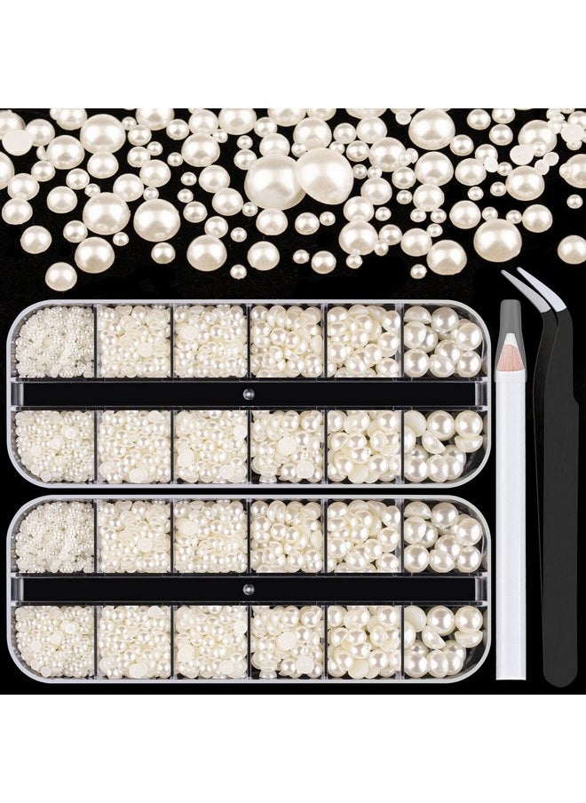 BELLEBOOST Flat Back Pearls Kits 2 Boxes Of Flatback Beige Half Round Pearls With Pickup Pencil And Tweezer For Home Diy And Professional Nail Art Face Makeup And Craft  - Image 1