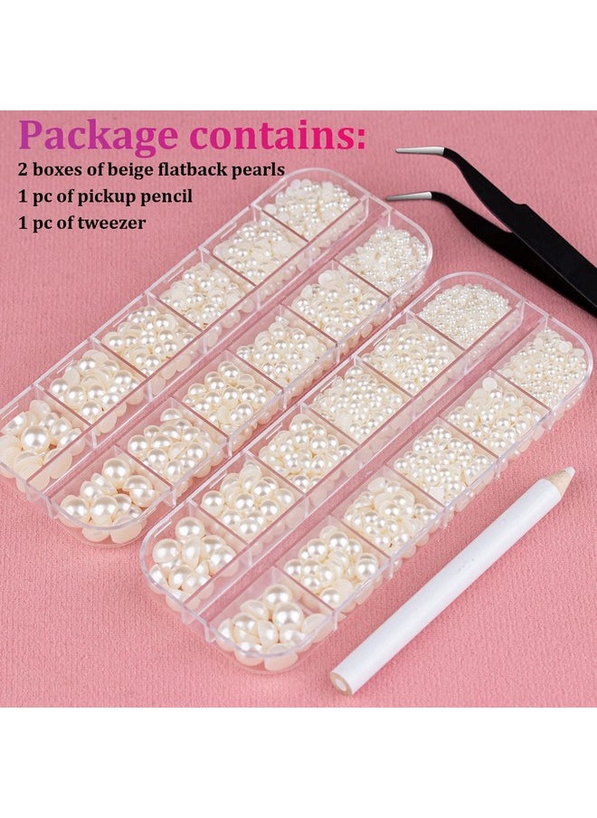 BELLEBOOST Flat Back Pearls Kits 2 Boxes Of Flatback Beige Half Round Pearls With Pickup Pencil And Tweezer For Home Diy And Professional Nail Art Face Makeup And Craft  - Image 2