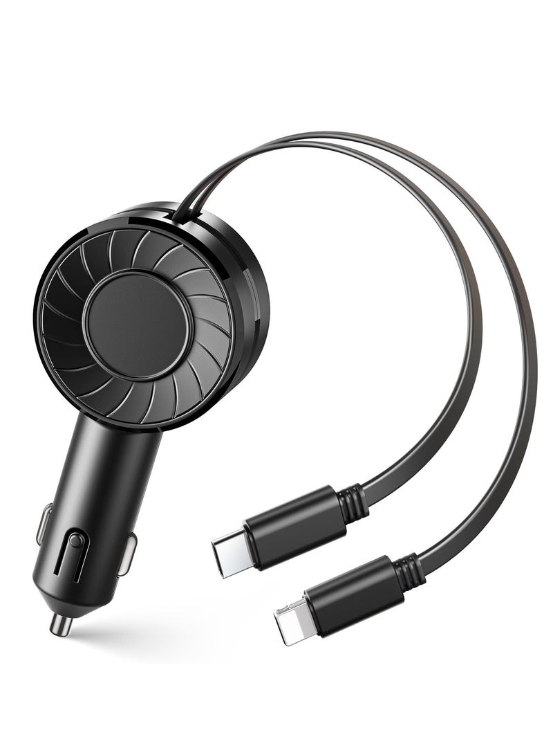 Excefore Retractable Car Charger, Mini Car Adapter, 3 in 1 Small Retractable Phone Charger, 50W Fast Car Charger with Dual Retractable Cable & USB Port, Compatible with iPhone 15/14/13/12 Pro Max and Samsung - Image 1