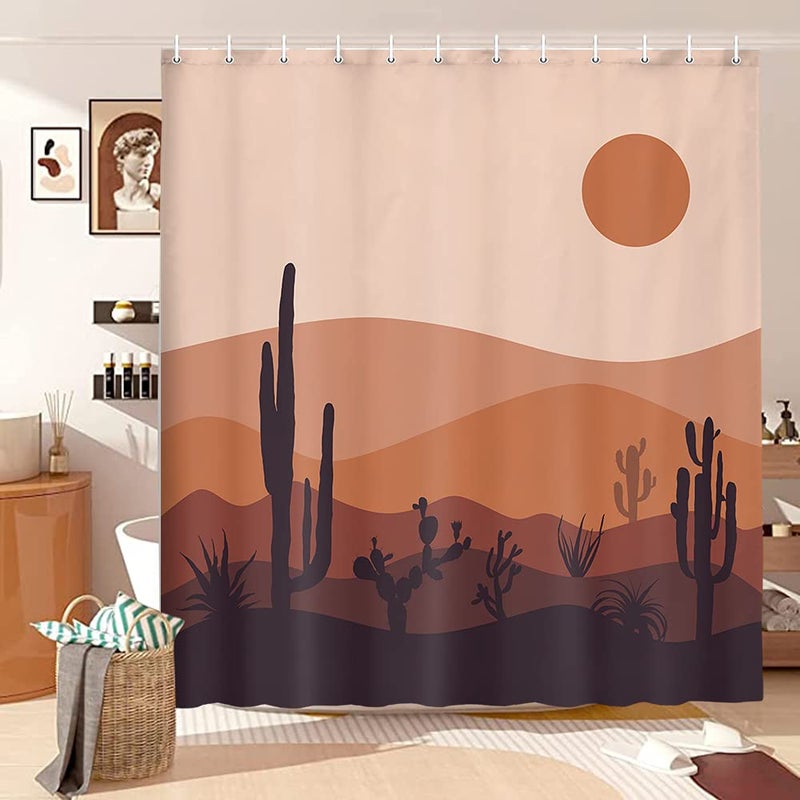 Mid Century Modern Boho Mountain Cactus Abstract Curtain Set Desert Landscape Art Minimalist Sunset Sunrise Bohemian Aesthetic Fabric Shower Curtain for Bathroom 70X70IN