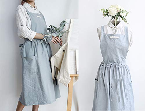 losofar Women Girls Vintage Apron Adjustable Gardening Works Cross Back Cotton/Linen Blend Aprons Pinafore Dress with Two Pockets (lightblue, 39"x 59") - Image 2