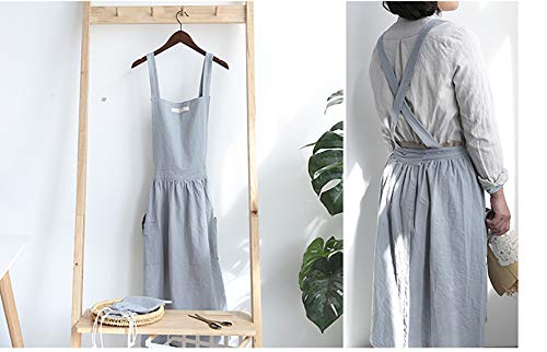 losofar Women Girls Vintage Apron Adjustable Gardening Works Cross Back Cotton/Linen Blend Aprons Pinafore Dress with Two Pockets (lightblue, 39"x 59") - Image 3