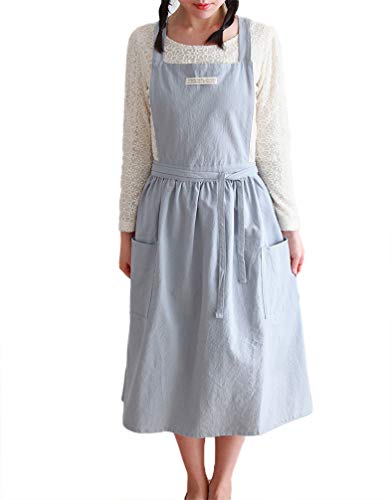 losofar Women Girls Vintage Apron Adjustable Gardening Works Cross Back Cotton/Linen Blend Aprons Pinafore Dress with Two Pockets (lightblue, 39"x 59") - Image 1