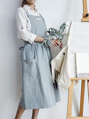 losofar Women Girls Vintage Apron Adjustable Gardening Works Cross Back Cotton/Linen Blend Aprons Pinafore Dress with Two Pockets (lightblue, 39"x 59") - Image 5