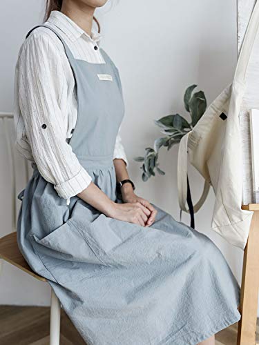 losofar Women Girls Vintage Apron Adjustable Gardening Works Cross Back Cotton/Linen Blend Aprons Pinafore Dress with Two Pockets (lightblue, 39"x 59") - Image 4