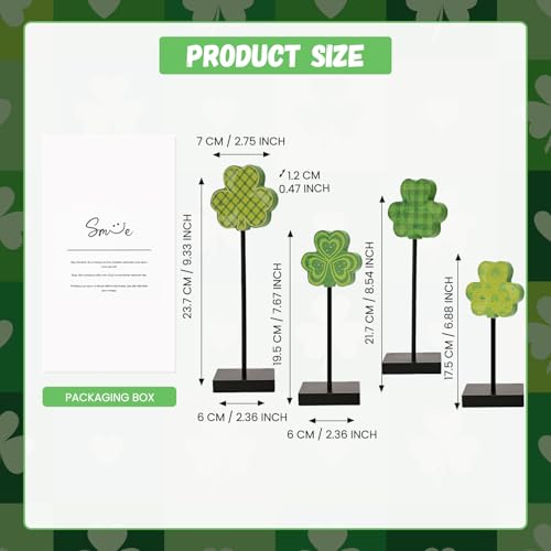 Sm:)e Smile StPatricks Day Wooden Shamrock Decor Set of 4 Plaid Striped Polka Dot Standing Clover Ornaments Tabletop Shelf Lucky Decoration - Image 3