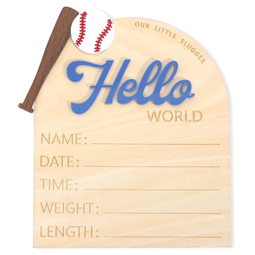 TERJIO Baseball Hello World Bulletin Board - Newborn Birth Record Card Photo Props,Hospital Nursery Decorations,Baseball Birth Information Announcement Sign,Hello World Sports Milestone Wooden Board - Image 1