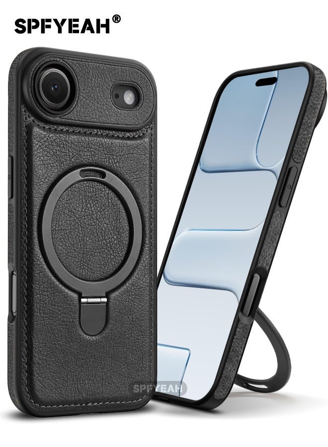 SPFYEAH Magnetic for iPhone 17 Air Leather Case, Invisible Stand [Compatible with Magsafe] Luxury, Elegant, and Beautiful Design Cover, Non-Slip Vintage Looking Slim Kickstand Phone Cover, Black
