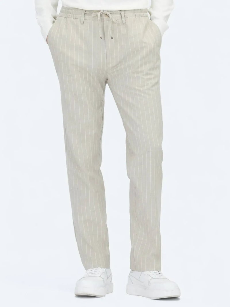 Kip Beige Weaving Jogging Fit Casual Linen Blended Trousers - Image 2