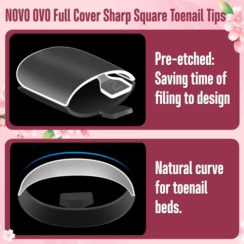 NOVO OVO Sharp Square Toe Nail Tips Press on Full cover, Soft Gel False Toenail Extension Kit, Pre-etched Clear Double Matte Fake Longtoes Claw for Salon DIY Acrylic Pedicure x 15 Sizes 240 Pcs - Image 3