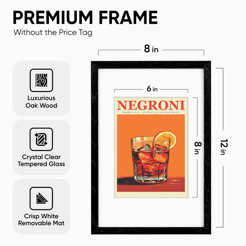 Homeforia Homeforia 8x12 Black Wood Picture Frame  Premium Black Oak Frames 8x12 With 6x8 Mat  12x8 Black Wooden Frame  Tempered Glass  Wall Hook Included  Set of 1 - Image 3