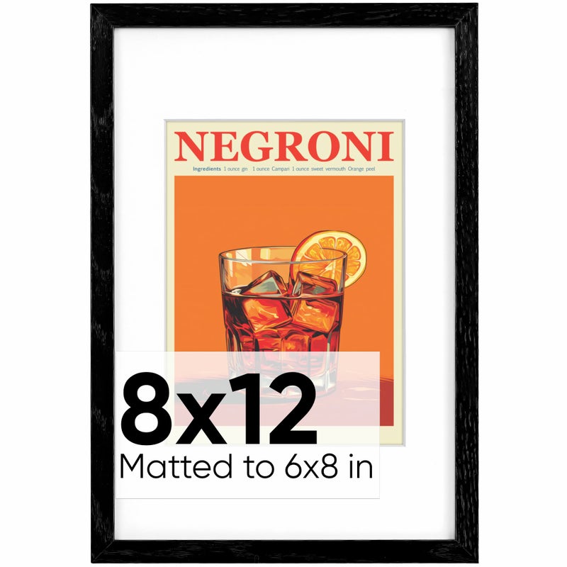 Homeforia Homeforia 8x12 Black Wood Picture Frame  Premium Black Oak Frames 8x12 With 6x8 Mat  12x8 Black Wooden Frame  Tempered Glass  Wall Hook Included  Set of 1 - Image 1