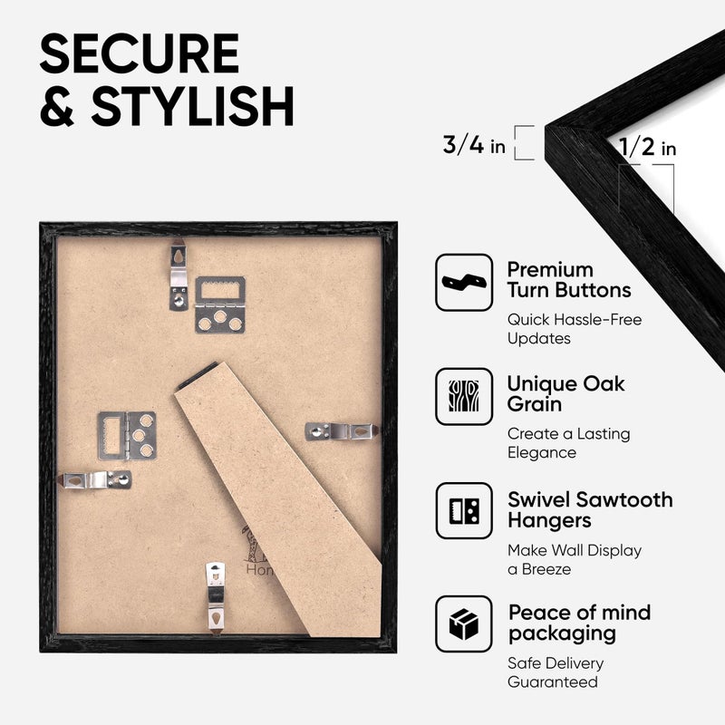 Homeforia Homeforia 8x12 Black Wood Picture Frame  Premium Black Oak Frames 8x12 With 6x8 Mat  12x8 Black Wooden Frame  Tempered Glass  Wall Hook Included  Set of 1 - Image 4