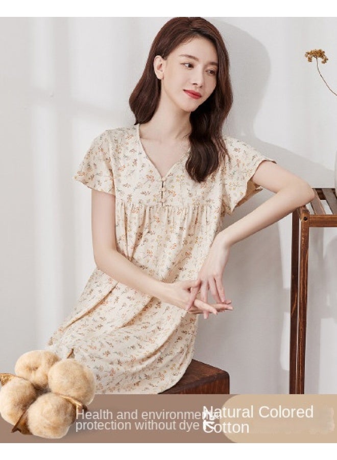Top melon Natural Colored Cotton, Pure Cotton】women's Short Sleeve Nightdress, Fresh And Subtle A-line Slimming Sleepwear, Breathable Pure Cotton - Image 1