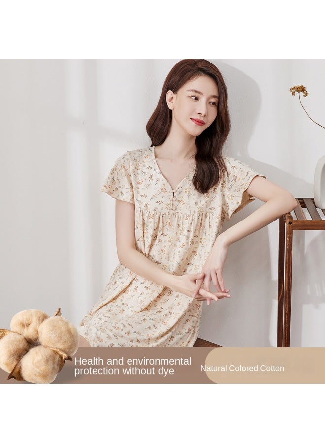 Top melon Natural Colored Cotton, Pure Cotton】women's Short Sleeve Nightdress, Fresh And Subtle A-line Slimming Sleepwear, Breathable Pure Cotton - Image 2