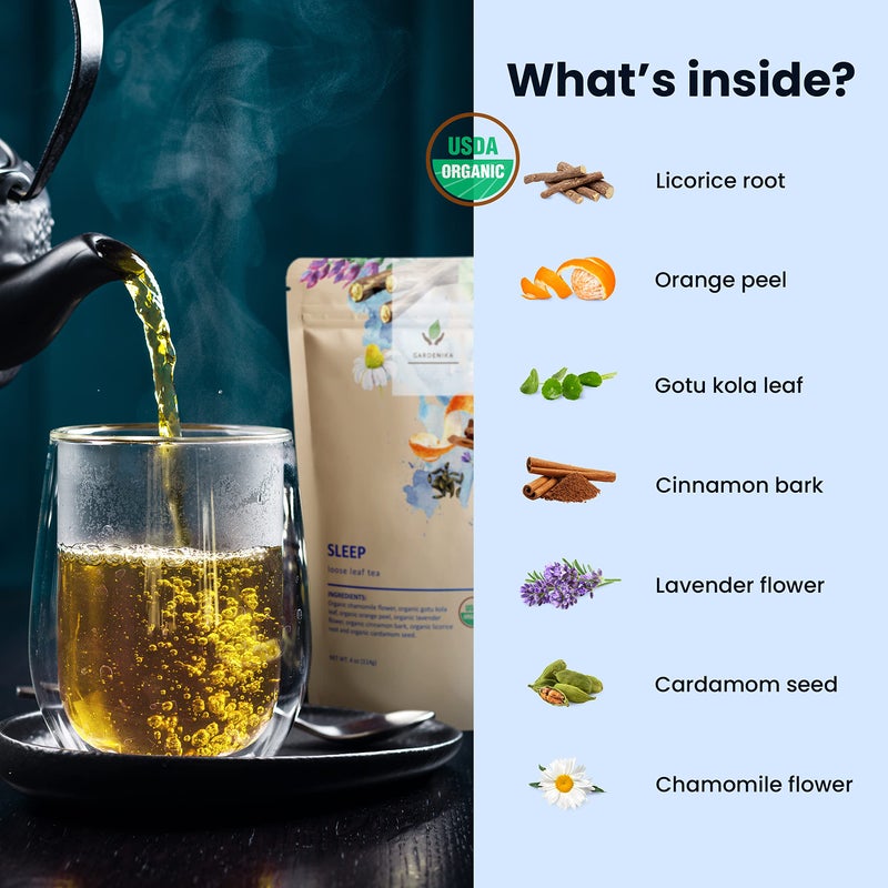 Gardenika Organic Sleep Loose Leaf Tea with Chamomile and Lavender Flowers, Herbal, Caffeine Free, KSA Kosher, Ayurvedic Blend - 4 oz (1 Pack) - Image 2
