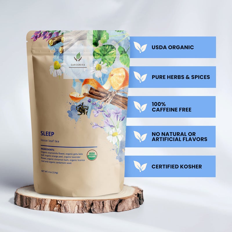 Gardenika Organic Sleep Loose Leaf Tea with Chamomile and Lavender Flowers, Herbal, Caffeine Free, KSA Kosher, Ayurvedic Blend - 4 oz (1 Pack) - Image 3