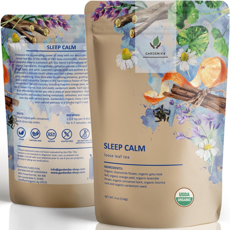 Gardenika Organic Sleep Loose Leaf Tea with Chamomile and Lavender Flowers, Herbal, Caffeine Free, KSA Kosher, Ayurvedic Blend - 4 oz (1 Pack) - Image 1