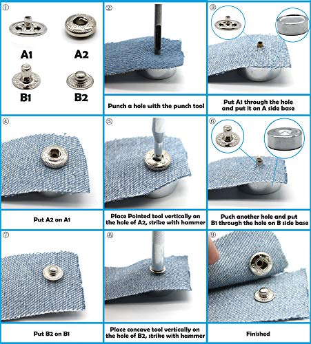 Raydodo 12 Set Leather Snap Fasteners Kit, 15mm Metal Snap Buttons Kit Press Studs with 4 Install Tools, Rivets and Snaps for Clothing, Jeans, Jackets, Bracelets, Bags (Silver) - Image 4