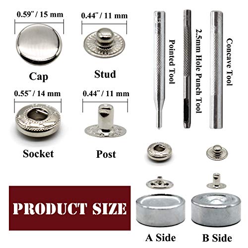 Raydodo 12 Set Leather Snap Fasteners Kit, 15mm Metal Snap Buttons Kit Press Studs with 4 Install Tools, Rivets and Snaps for Clothing, Jeans, Jackets, Bracelets, Bags (Silver) - Image 3