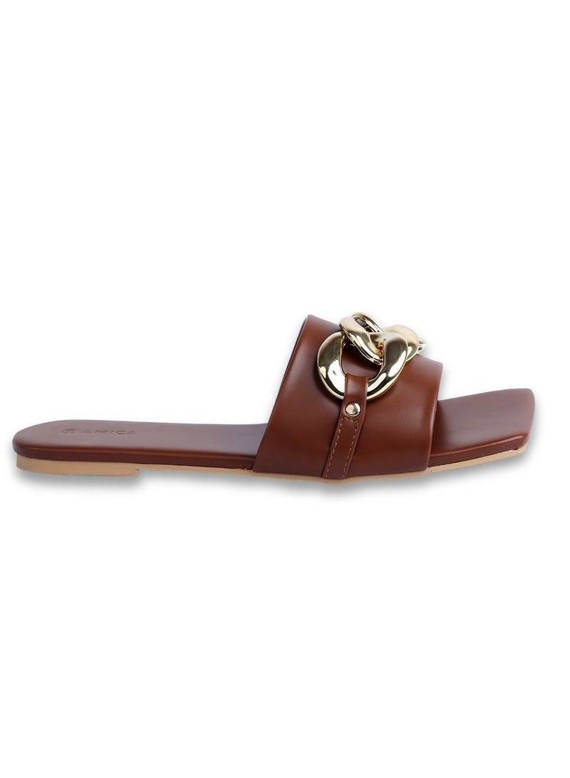 AMICA Nora Women's Square Open Flat Slide Leather Sandals with Embellished Trim - Image 1