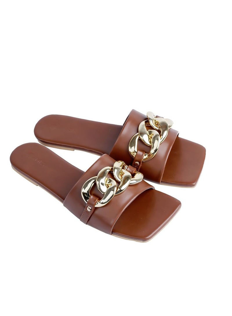 AMICA Nora Women's Square Open Flat Slide Leather Sandals with Embellished Trim - Image 3