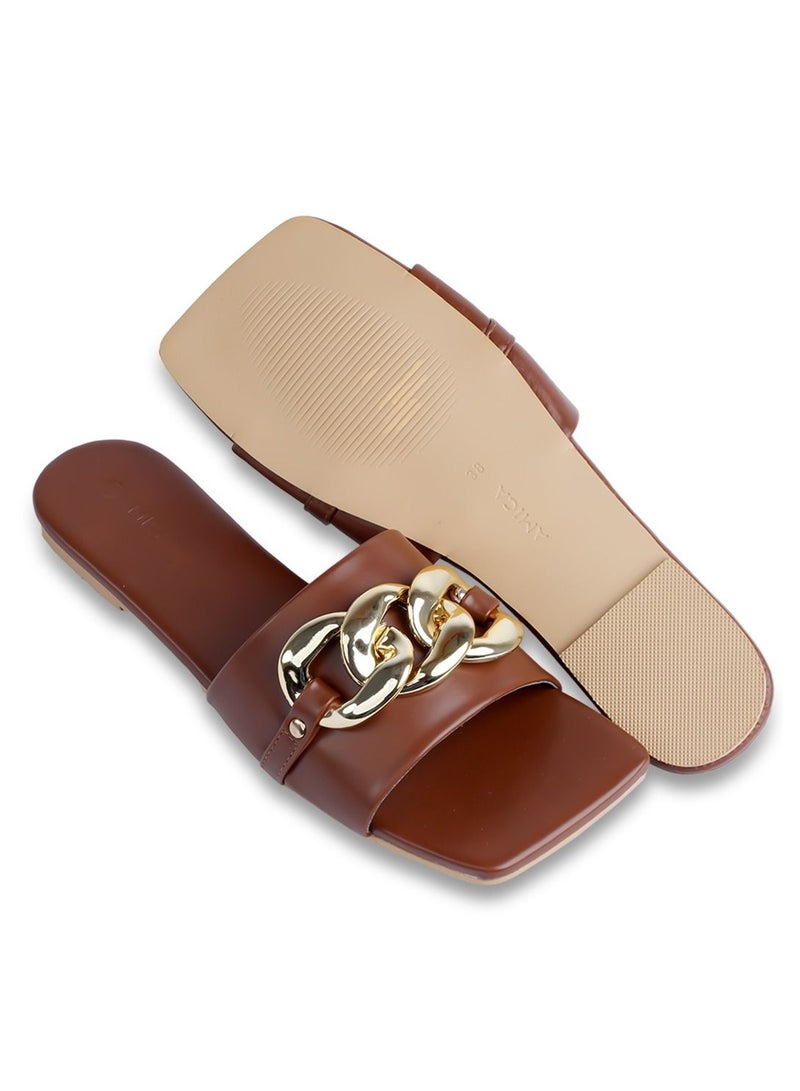 AMICA Nora Women's Square Open Flat Slide Leather Sandals with Embellished Trim - Image 5