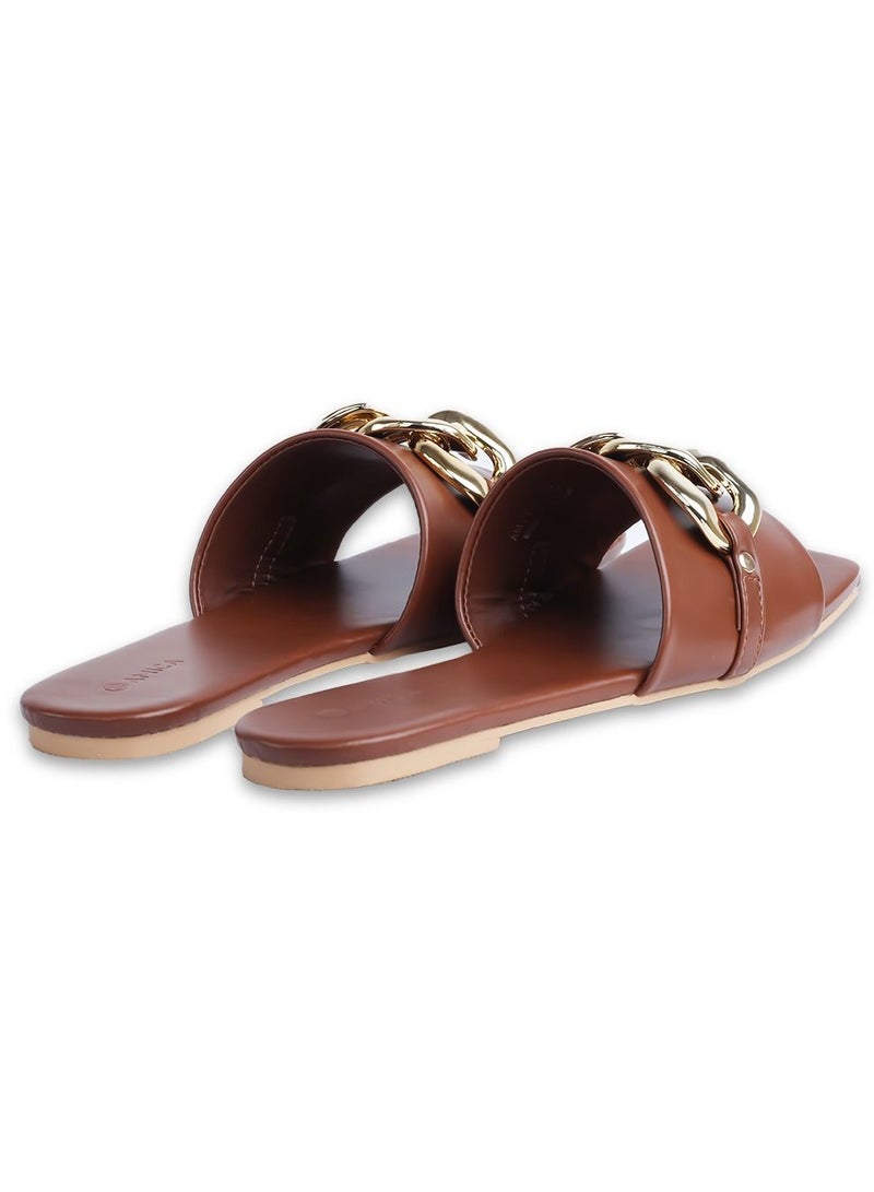 AMICA Nora Women's Square Open Flat Slide Leather Sandals with Embellished Trim - Image 4