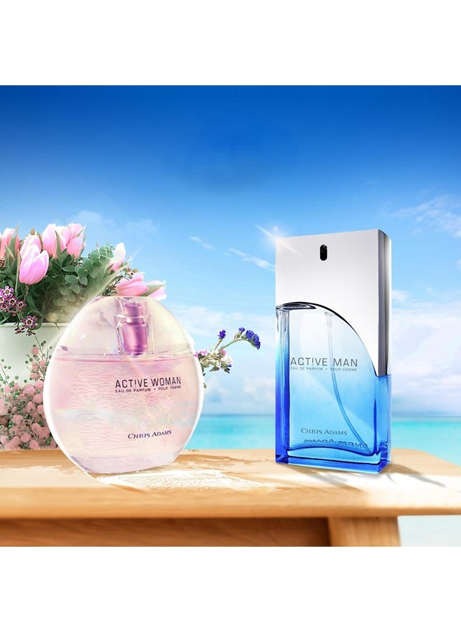 كريس آدامز مجموعة هدايا عطر أكتيف مان 100 مل وامرأة 80 مل من كريس آدامز، أو دو بارفان ورذاذ للجسم، هدية مثالية للزوجين  - Image 4