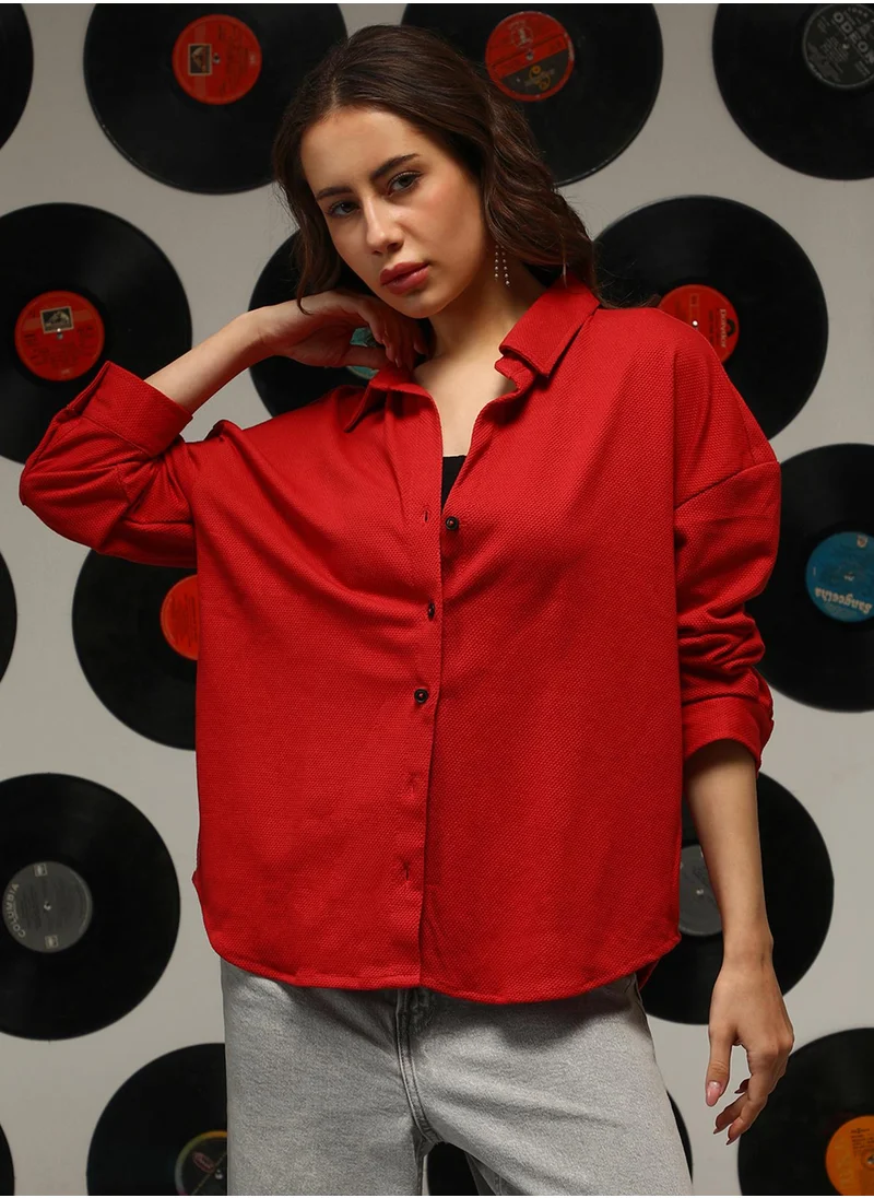 كامبوس سوترا Women's Scarlet Red Solid Oversized Shirt