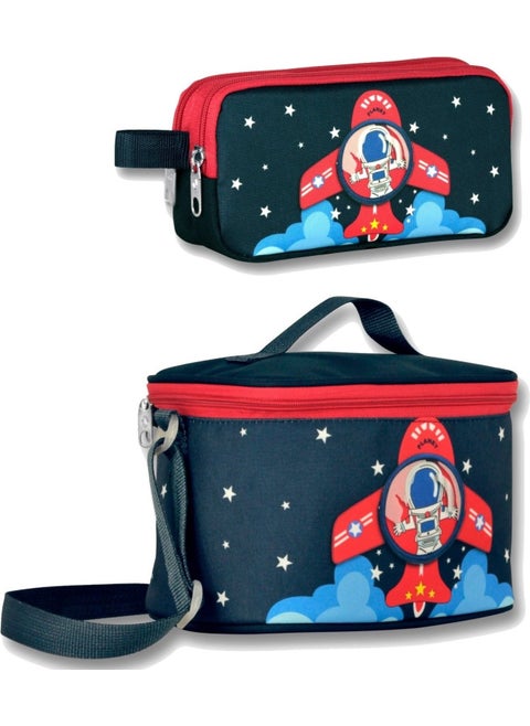 Cennec Astranot Printed Thermal Insulated Lunch Bag and Pencil Case Set - Red - Boy