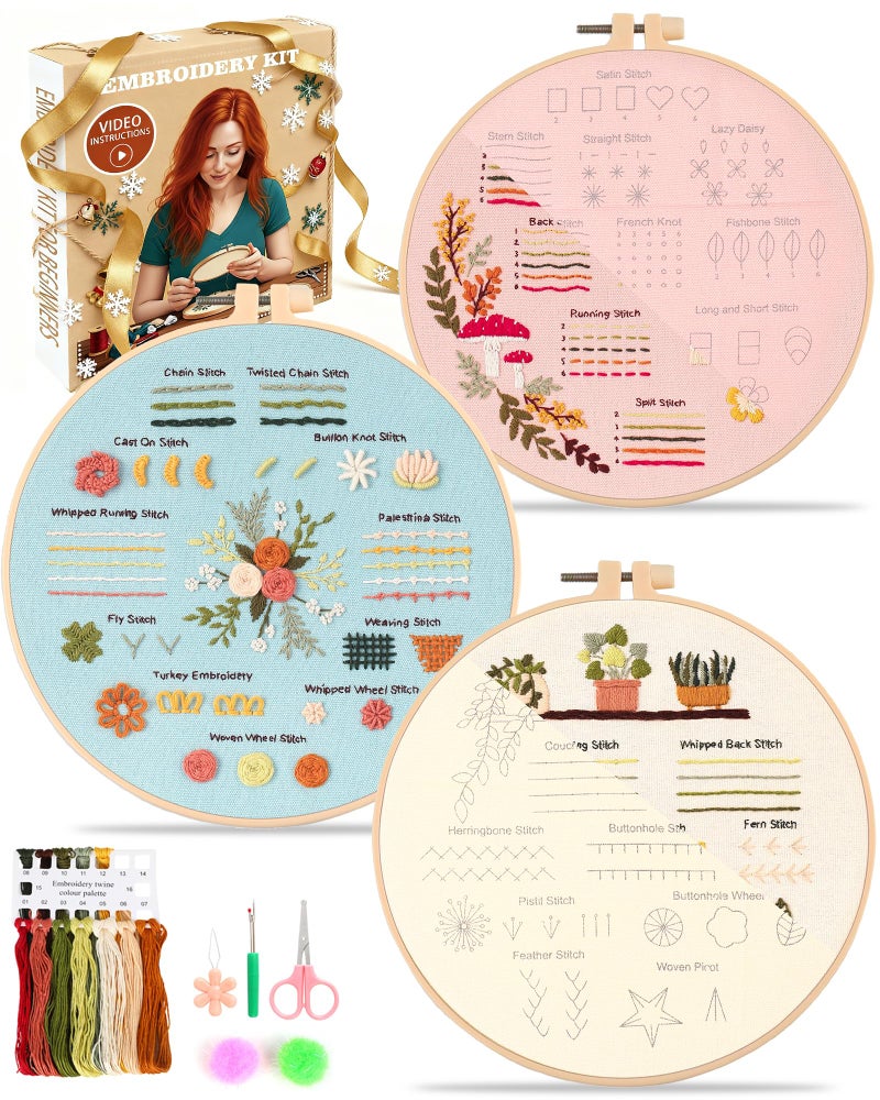 Hi-YomiLaugh Beginner Embroidery Kit for Adults, 3 Pack with Pre-Printed Patterns, Learn Basic Stitches with Step-by-Step Video Tutorial, Needles & Tools Included, 7.8" Hoop, Floral Garden DIY Craft Gift - Image 1