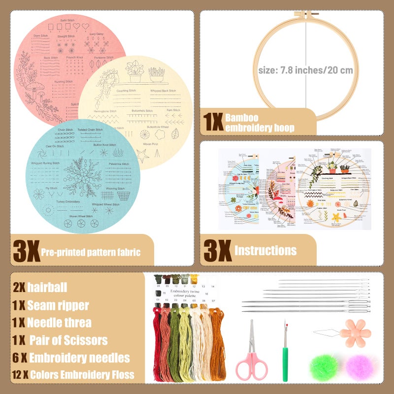 Hi-YomiLaugh Beginner Embroidery Kit for Adults, 3 Pack with Pre-Printed Patterns, Learn Basic Stitches with Step-by-Step Video Tutorial, Needles & Tools Included, 7.8" Hoop, Floral Garden DIY Craft Gift - Image 3