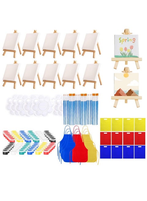 Mini Canvas And Easel Set For Kids,12 Sets All-In-One Small Canvas Kids Painting Kit, With Mini Canvases, Easels, Brushes & Aprons - For Sip & Paint Party & Art Supplies