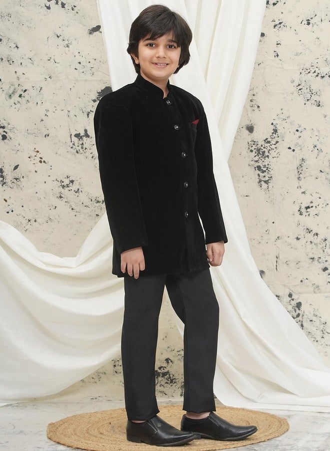 AJ DEZINES Velvet Sherwani Set for Boys | Kids Ethnic Wear | Traditional & Party Outfit Sherwani for Weddings Festivals & Special Occasions | Stylish Sherwani Set for Kids Boys | Regular Fit | BLACK-3 - Image 4