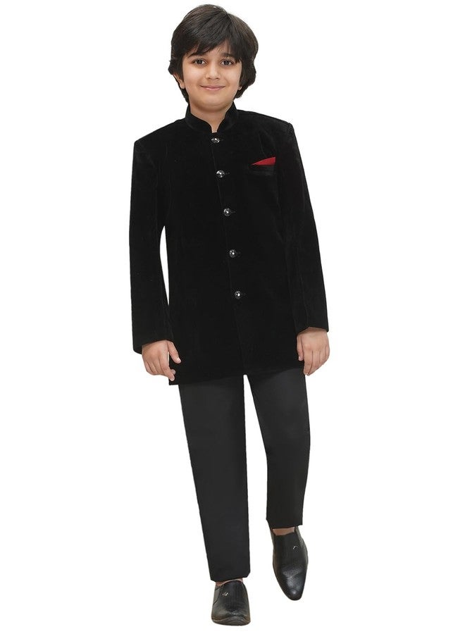 AJ DEZINES Velvet Sherwani Set for Boys | Kids Ethnic Wear | Traditional & Party Outfit Sherwani for Weddings Festivals & Special Occasions | Stylish Sherwani Set for Kids Boys | Regular Fit | BLACK-3 - Image 1