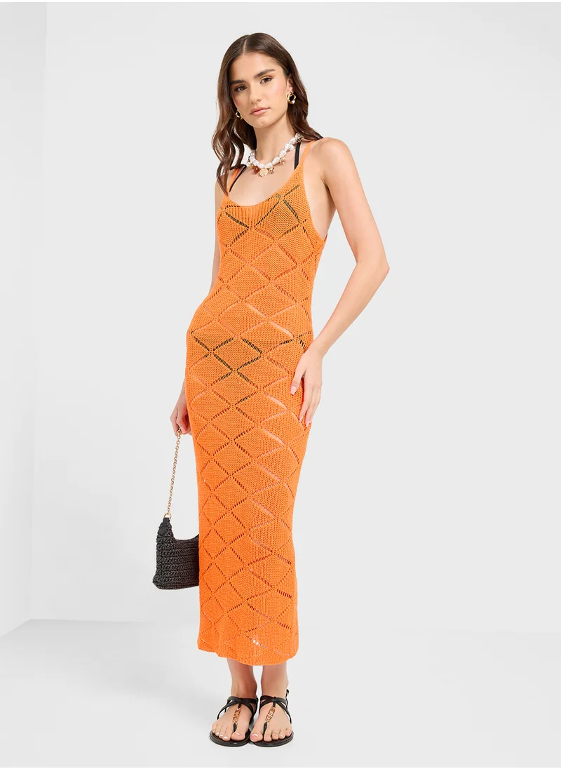 جينجر Strappy Crochet Knitted Dress
