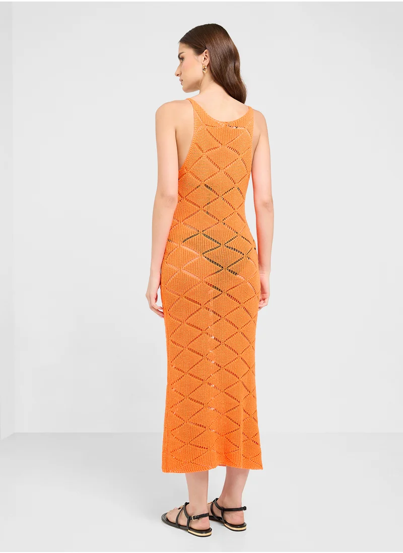 جينجر Strappy Crochet Knitted Dress