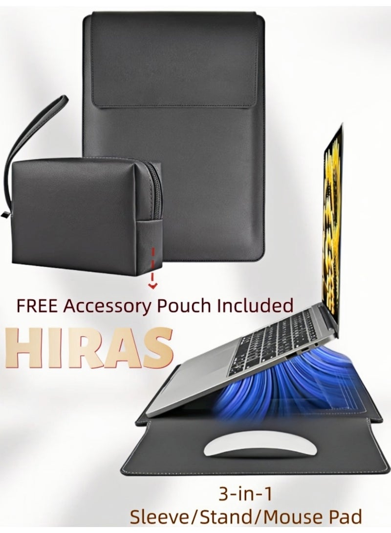 Hiras Laptop Sleeve 14 inch 3-in-1 with Foldable Stand, Mouse Pad & Accessory Pouch for MacBook, Black - Image 1